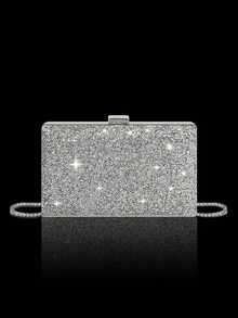 Elegant Women's Rhinestone Evening Clutch, Sparkling Luxury Rhinestone Jewelry Set Sparkling Necklace Earrings Bracelet Set Glitter Charming Clip Box Bag, Set Of 4 Rhinestone Ear Clips Bridal Wedding Choker Bracelet Pendant, Sparkling Purse, Perfect For Party, Wedding, Prom, Dinner/Banquet, Wedding Dress, Formal Wear, Prom Dress, Birthday Dress - Silver - View 5