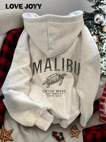 LOVE JOYY 女士印花宽松连帽卫衣，时尚休闲秋冬装，灰色长袖上衣 - 灰色 - 查看 1