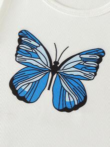 2件套 女童户外休闲可爱阳光甜美简约蝴蝶印花白色罗纹无袖上衣和时尚做旧直筒阔腿牛仔裤套装 - 藍白色 - 查看 4