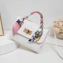 Bolso mini cuadrado de mujer con diseño minimalista de rombos, decorado con pañuelo de cuero PU grabado y asa con cierre de metal - Bolso cruzado/de mano para uso diario - Blanco - Ver 5