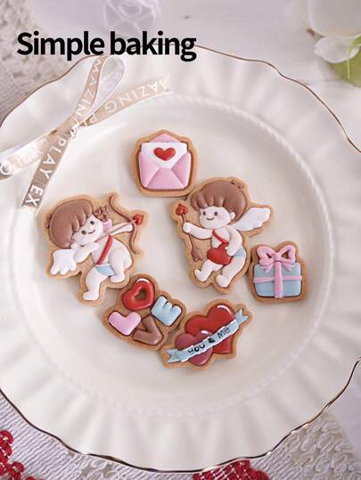 A Cute Valentine's Day Gift Series Cookie Cutter, Cute Cupid And Heart-Shaped Cookie Stamps, Valentine's Day Gift Cake Decorations, Kitchen Baking Tools, Frosting Cookie Shaper, Fun Cartoon Patterned Parent-Child Baking Tools