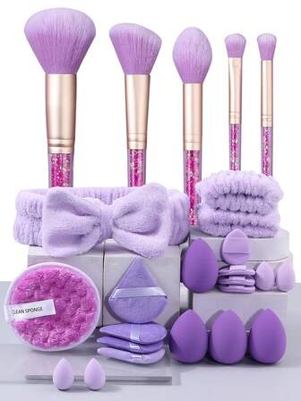 25pcs Luxury Purple Makeup Brush Set - 5pcs Rhinestone Handle Brushes & 3pcs Bow Makeup Sponge Cleansing Set & 17pcs Wet/Dry Teardrop/Triangle/Thumb/Round Makeup Sponge Puffs