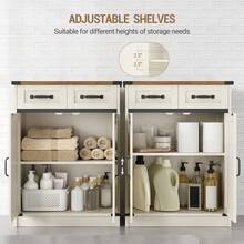 Bathroom Storage Cabinet, Freestanding Bathroom Floor Cabinet With Drawers & Doors, Farmhouse Buffet Cabinets With Adjustable Shelf, For Kitchen, Living Room, Entryway, White Brown - 白色/棕色 - 查看 5