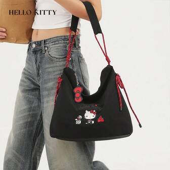 Bolso de mano tipo tote con bordado de Hello Kitty edición limitada, bolso de hombro de estilo japonés lindo, mochila de gran capacidad para mujeres, bolso de compras impermeable, sin colgante