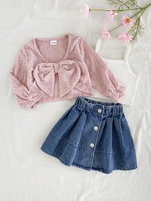 3pcs/Set Baby Girls' Fashionable Elegant Sweet Long Sleeve Top, Camisole And Denim Skirt Outfit, Spring/Autumn - Multicolor - View 5