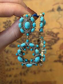 复古做旧铜镀18K金波西米亚风仿绿松石天使眼镂空项链耳环首饰套装 - 綠松石色 - 查看 9