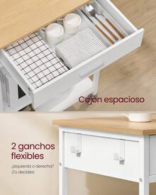 VASAGLE Carrito de Cocina con Ruedas, Isla de Cocina Móvil, 45 x 60 x 90 cm, con Cajón, 2 Ganchos, para Comedor, Beige Rbole y Blanco Mate - Blanco - Ver 6