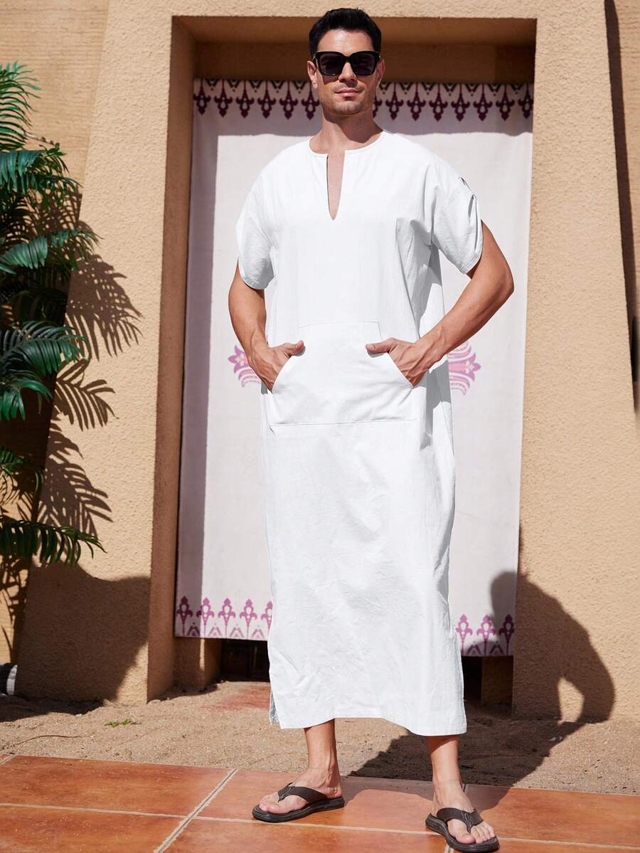 Middle Eastern Ramadan Men's Robe, Drop Shoulder Short Sleeve With Pockets, Extra Long Shirt, Spring/Summer - White - View 1