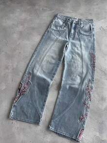 Men's Heavy-Duty Flower-Embroidered Denim Pants, Same Style For Both Men And Women,  High Street Fashion, Straight-Leg, Floor-Length Pants - Màu xanh lam - Xem 2