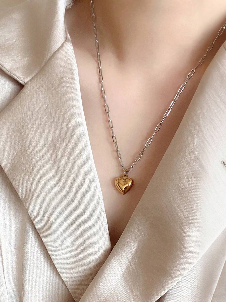 1pc Simple And Versatile Heart Pendant Necklace For Women's Daily Wear - Heart-shaped - View 1