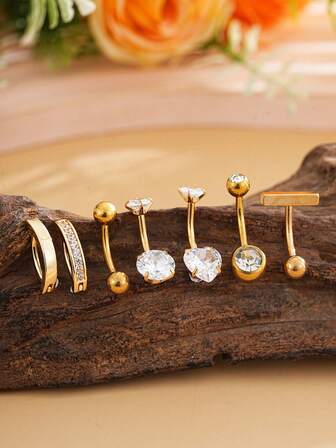 Set de 7 piezas de anillos de ombligo de acero inoxidable en forma de media luna, con diseño en forma de T y rosca interna, con circonita incrustada en forma de corazón doble, joyería de perforación sexy para uso diario