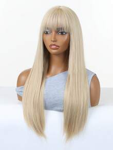 24英寸/60厘米酒红色长直发假发，带刘海，适合女性，耐热，自然逼真，可用于角色扮演、彩色合成假发、耐高温假发、直刘海假发、节日和日常时尚合成假发、编织假发，也适合万圣节和圣诞节佩戴。 - 金色 - 查看 6