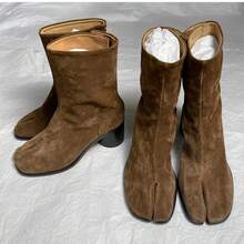 Cowhide Version~Genuine Leather Split Toe Pig Trotter Women's Shoes Look Slim And Thick With Thick Heels. Mid Heeled Boots For Women, Chelsea Women's Short Boots - 棕色磨砂面(加絨) - 查看 4