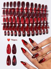 96pcs Glossy Nail Stickers Set, Including 4 Styles: Shiny Red, Y2K Cat Eye, Burgundy, Ombre, Acrylic Nail Art Decals, Elegant Medium Length, Perfect Fit Fake Nails Kit With 1pc Jelly Gel And 1pc Nail File, Suitable For Women And Girls DIY Daily Life And Party Use - Multicolor - View 2