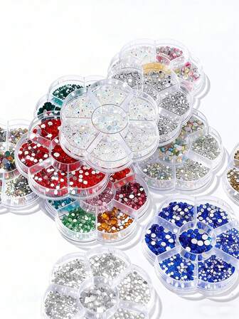 7 Compartments Plum Flower Box Flat Bottom Drill, Nail Art Jewellery, Mixed Colours, White AB Nail Jewellery, DIY Craft Materials, Suitable For Clothing, Shoes, Mugs, Nail Art, Fabric Decoration, Nail Art Jewellery