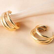Metal Triple Hoop C-Shaped Earrings, Exaggerated Chic Earrings For Women - Gold - View 5