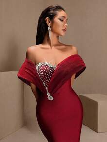 Shiny Patchwork Zipper Mesh Rhinestone Embellished Formal Evening Gown Wedding Spring Party - Red - View 3