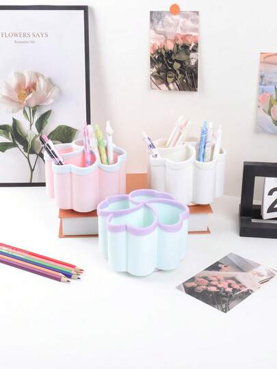 1pc Fresh 4-Compartment Pen Holder, 360-Degree Rotatable, Suitable For Desk Stationery Organization, Desk Decor Pen Holder, Gift For Friends (With Panda Stickers)