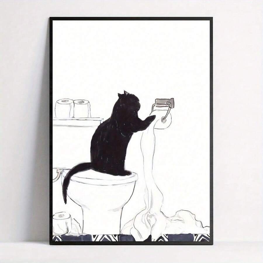 1pc Unframed Canvas Poster, Cartoon Art, Black Cat Standing On The Toilet To Take Paper Towels,, Ideal Gift For Bedroom Living Room Corridor, Wall Art, Wall Decor, Winter Decor, Room Decoration - Multicolor - View 1