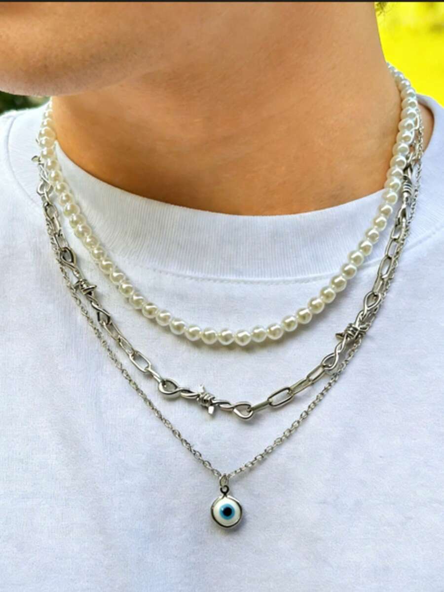 3pcs/Set Fashionable Punk Style Gemstone Pendant & Twisted Faux Pearl Chain, Suitable For Men's Daily Wear - Braided Chain Necklace - View 1