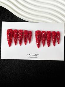 Y2K 45MM Extra-Long Stiletto Nails Handmade Press-On Nails With Transparent Tips, Red Rhinestones & Sparkling Full-Coverage 3D Designs - Full Cover DIY Glitter Artificial Nails, False Nails For Parties, Outdoor, Beach, Daily, Holidays, Gatherings, Work & Special Events - 10 Pieces/Bag - 彩色 - 查看 6