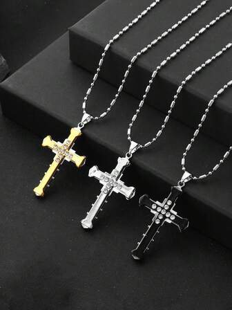 1 adet/3 adet Lüks Erkek Paslanmaz Çelik Çok Katmanlı Mekanik Haç Şeklinde Kolye, Vintage