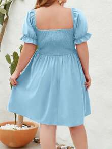 Women's Plus Size Solid Color Casual Vacation Dress Travel Square Neck Puff Sleeve Dress - 藍色 - 查看 3