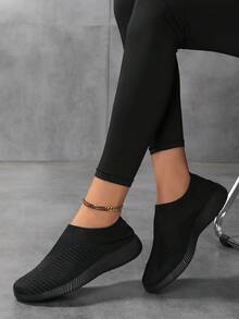 Women's Breathable Knitted Casual Flat Loafers, Easy Slip-On And Comfortable, Black - Black - View 13