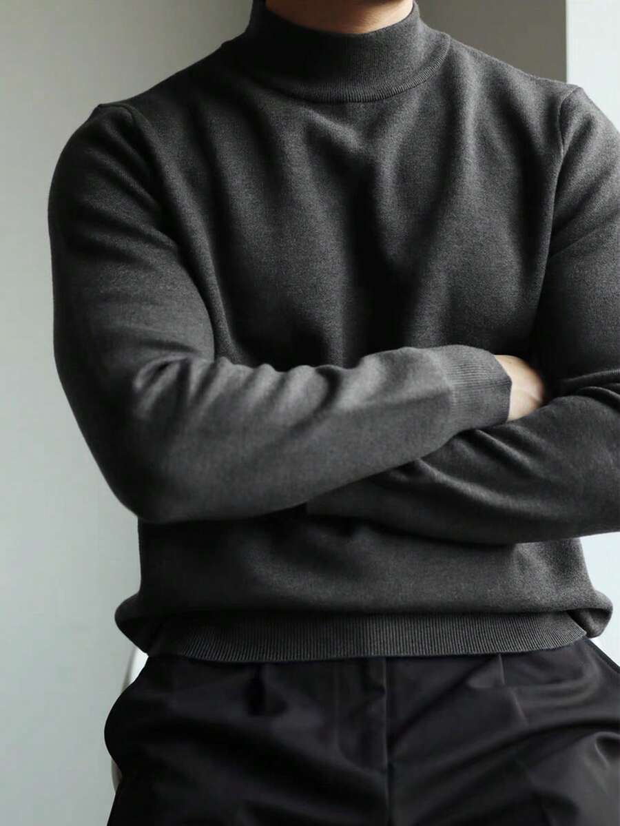 男士加大码纯色高领毛衣,百搭商务休闲风,秋冬款 - 深灰色 - 查看 1