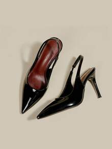 Women's Black Patent Leather Pointed Toe Kitten Heel Pumps, Elegant Formal Dress Shoes With Buckle, Elastic Back Strap, Fashion Party Heels