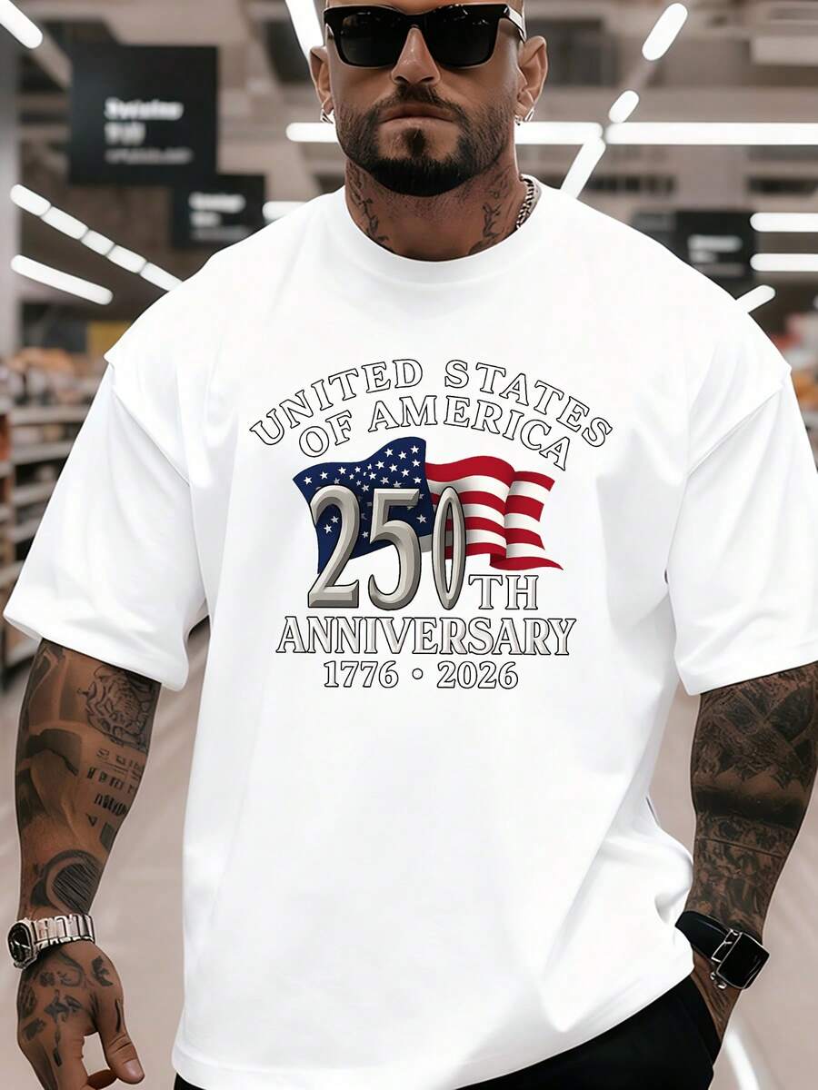 250th Anniversary Commemorative American Funny Cool Pattern T-Shirt Casual T-Shirt Fashion Cool Top Men's T-Shirt 180g Casual Wear Loose Fit Personality T-Shirt Aesthetic Shirt Soft Fabric Breathable Material Fashion Apparel Short Sleeve Top For Young People - 白色 - 查看 1