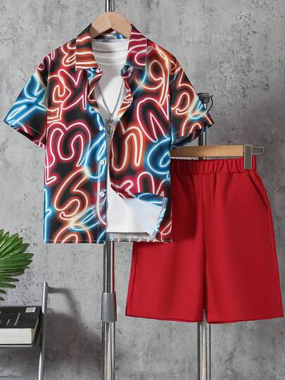 Boys' Casual Fashion Lightweight Letter Graffiti Print Shirt Collar Short Sleeve Shirt And Solid Color Shorts Set, Spring/Summer