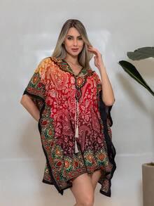 KIARA BRAZIL Women's Short Printed Boho Chic Dress | Loose Kaftan With Tie And V-Neck – Summer - AE-25111 - 橘色 - 查看 3