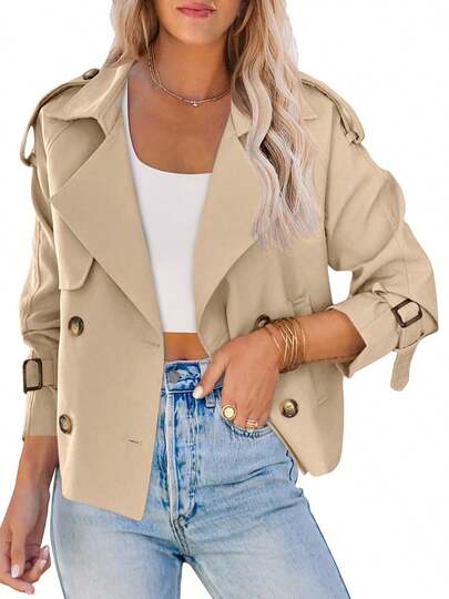 Womens Cropped Trench Coat Double Breasted Raglan Sleeve Office Work Jacket With Pockets