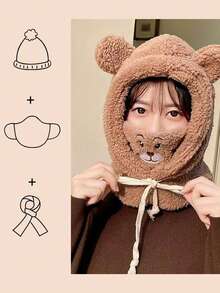 1pc Bear Plush Hat With Mask, Scarf & Hat Set, Unisex Winter Outdoor Riding Windproof Warm Hat, Autumn/Winter Thickened Versatile Balaclava - Multicolor - View 3