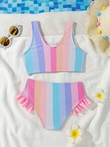 Bikini de rayas de colores para niña, adecuado para vacaciones - Multicolor - Ver 2