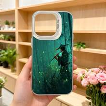 Cubierta de teléfono con diseño de bosque mágico verde oscuro con silueta de persona con sombrero y luces brillantes para uso diario en floristerías y eventos elegantes,Aplicable a los teléfonos de la serie Apple y Galaxy - Negro - Ver 5