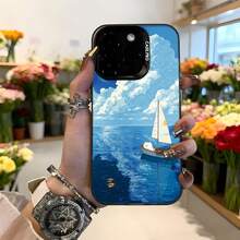 Funda para iPhone con diseño de barco a vela y cielo azul en tonos marinos funda protectora con estampado de paisaje marino ideal para amantes del mar y viajes estilo boho elegante para uso diario,Aplicable a los teléfonos de la serie Apple y Galaxy - Blanco - Ver 3
