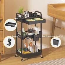 Organizador de carrito utilitario de 3 niveles con cajón extraíble, carrito de almacenamiento estable y resistente con 2 ruedas bloqueables para baño, cocina, aperitivos, manualidades, - Negro - Ver 5