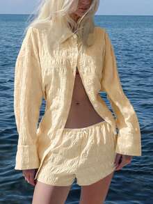 New Elegant Solid Color Casual Front Button Jacquard Long Sleeve Shirt & Lace Elastic Waist Bow Shorts Set, Suitable For Beach, Vacation, Daily, Garden