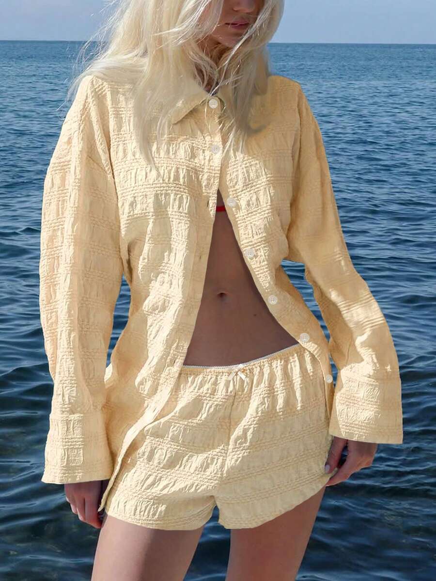 New Elegant Solid Color Casual Front Button Jacquard Long Sleeve Shirt & Lace Elastic Waist Bow Shorts Set, Suitable For Beach, Vacation, Daily, Garden