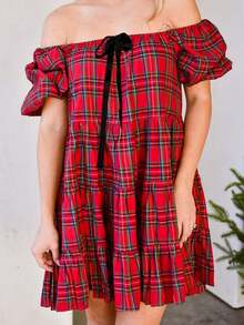 Vestido con Cuello de Hombro Descubierto y Volantes Múltiples - Estampado de Cuadros Rojos y Moño Negro, Vestido Retro Dulce para Fiestas - Rojo - Ver 4