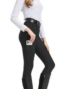 1pc Women's Equestrian Pants (Black), Full Silicone Non-Slip Wear-Resistant Wrinkle-Resistant, High-Waist Design, Polka Dot Pattern Skinny Riding Pants With Pockets, High Elasticity , Suitable For All Seasons, Excluding Belt - Black - View 3