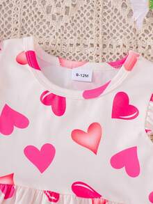 2pcs Baby Girl Clothes Set, Pink Heart Print Sleeveless Dress & Apricot All-Over Heart Print Dress, Spring/Summer - Multicolor - View 8