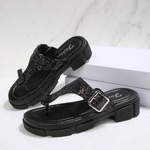 New Women's Thick Sole Buckle Rhinestone Thong Sandals, Fashion Elegant Versatile - Black - View 2