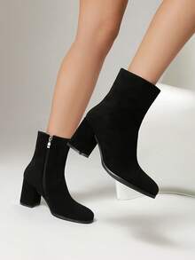 Winter Tall Chunky Heel Retro Rider Boots, Match With Hoodie, Women's Fashion Chunky Heel Ankle Boots With Side Zipper, Pull-On Elastic Ankle Boots - Black - View 1
