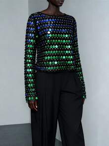 Womens Sequin Flared  Long Sleeve Blouse Tops Long Sleeve Sequined Loose Fit Glitter Sparkly Bell Sleeve Crew Neck Shirts Summer Holiday Beachwear Party Clubwear - 墨綠色 - 查看 5