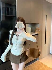 Stylish Collared Tie-Front Contrast Trim Flare Sleeve Knit Pullover Top - Apricot - View 2