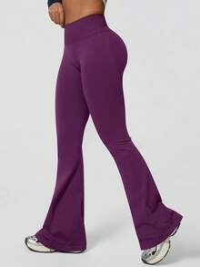 NcmRyu 1件装 女士纯色无缝简约高腰弹力提臀喇叭运动裤 春季 - 紫色 - 查看 8