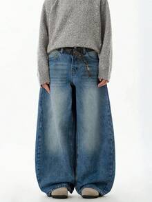 Quần jeans denim xanh bạc màu kiểu cổ điển, thiết kế thời trang nữ, ống rộng suông, phong cách thường ngày, thích hợp cho mùa xuân/hè. - Màu xanh lam - Xem 7